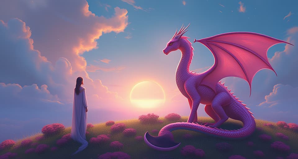  the pink dragon and chosen one standing on an illuminated hilltop, gazing at an ethereal landscape, sharing a moment of understanding and balance in their journey. the style is digital art illustration,highly detailed, whimsical,magical, dreamlike atmosphere, realism and fantasy blend, smooth, glossy textures,luminous quality, wonder and enchantment.