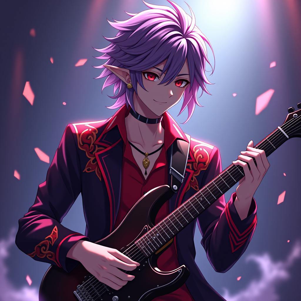  anime artwork dark elf is a male rock performer with a guitar in both hands marble white skin, purple scarlet hair, lavender eyes with a red tint, dressed in a red purple shirt embroidered with red gold, over the shirt he wears a jacket with a dark scarlet snake skin trim, hairstyle in the style of "hedgehog". there is an earring in the shape of a month in the right ear. crescent moon tattoo . anime style, key visual, vibrant, studio anime, highly detailed hyperrealistic, full body, detailed clothing, highly detailed, cinematic lighting, stunningly beautiful, intricate, sharp focus, f/1. 8, 85mm, (centered image composition), (professionally color graded), ((bright soft diffused light)), volumetric fog, trending on instagram, trending on tumblr, HDR 4K, 8K