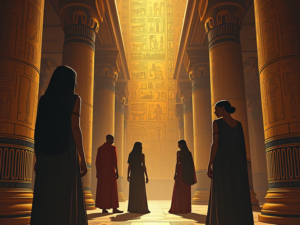  a grand egyptian palace interior, walls covered in golden hieroglyphs, large busted women conversing and sharing stories, atmosphere of shared journey. the style is digital art illustration / modern comic book / mysterious occult, symbolic, esoteric vibe,high detail on character design, incorporating ancient egyptian symbology and attire.