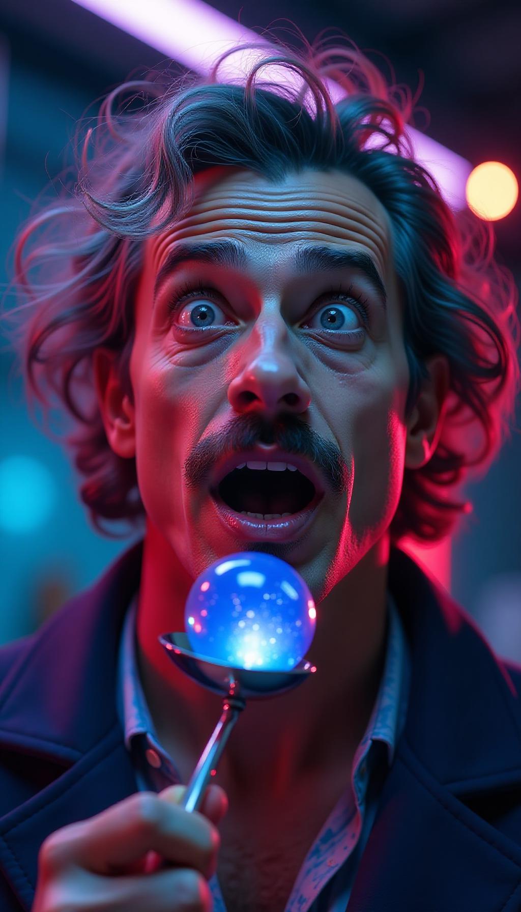  create a high quality, photorealistic image that vividly depicts the following scene: a close up of a charismatic, expressive male narrator, mouth agape in wonderment, wide eyed spacing out into the unfathomable universe. sporting an einstein inspired hairstyle, his complexion enhanced by the dim, indigo light of a crafted holographic neutron star that rests on a silver teaspoon he holds. surrounding him, a psychedelic space themed set, gazillions of eye catching colors reflecting off the mirrors and metallic surfaces. shot in extreme detail with red shift lighting effects using a sony alpha 1, at f/1.8, iso 100, exposing the essence of enlightenment, amusement, and utter disbelief, high resolution, 8k, raw, beautifully contrasting aga hyperrealistic, full body, detailed clothing, highly detailed, cinematic lighting, stunningly beautiful, intricate, sharp focus, f/1. 8, 85mm, (centered image composition), (professionally color graded), ((bright soft diffused light)), volumetric fog, trending on instagram, trending on tumblr, HDR 4K, 8K