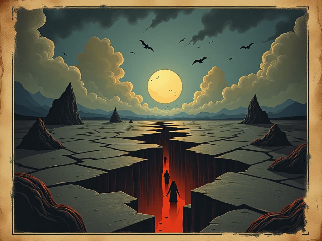  a fissured ground with dark forces emerging from the cracks, creating chaos in an otherwise serene landscape, destabilization, threat, upheaval. an illustration in the style of a worn, mystical old tarot trump card, mysterious and elements of surrealism. the colors are muted, somber and eerie, but with contrast bring out an occult and esoteric vibe.