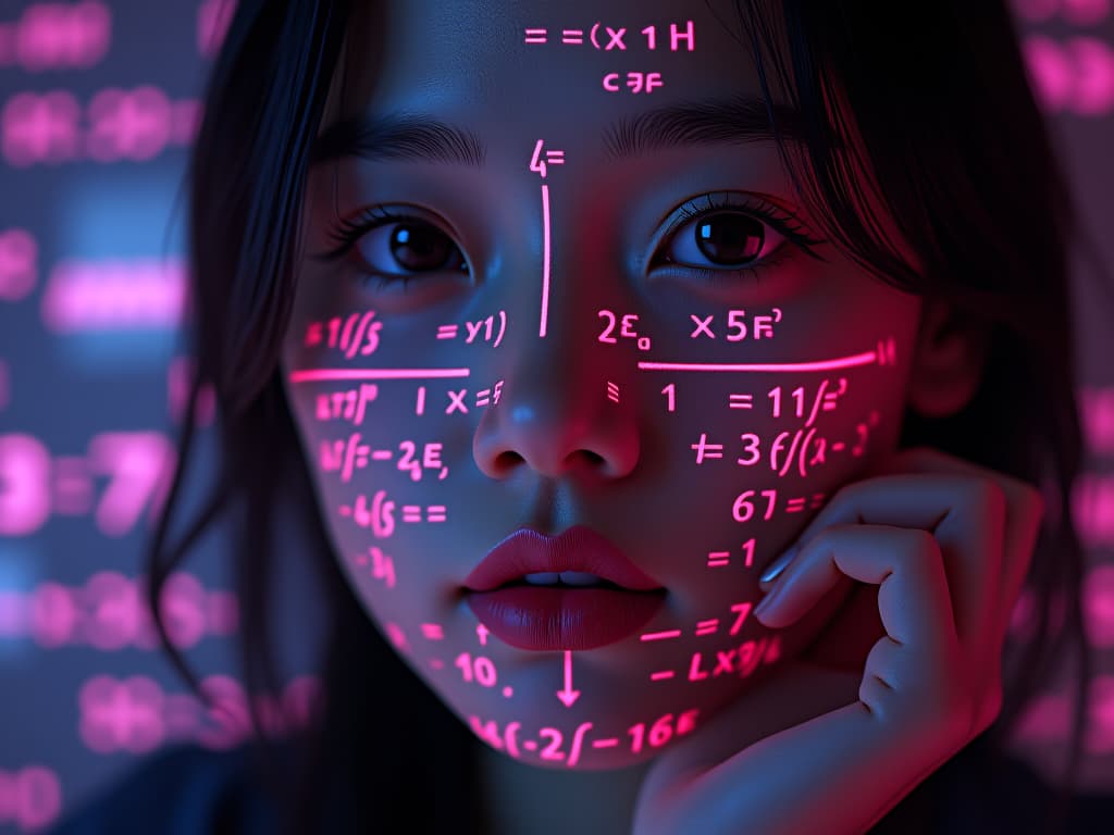  shadowrun math projection a close up of a person's face (jennie kim) with set logical ambient background, dayglo pink black holographic equations projected crisis point their skin. the background is ghost and [egyptian|folk], with the equations appearing cinestill and ever changing, creating a world of warcraft and perfect symmetry mood detailmaximizer, midjourneyv6.1, bronze object, secretlab