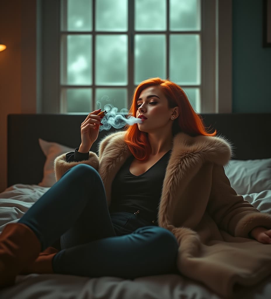  a pretty redhead mafia girl smoking a big cuban cigar, blowing huge clouds of smoke on a chinese bodyguard, wearing fur coat, feet on bed