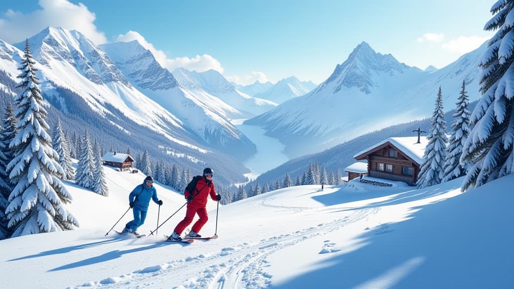  create an ultra detailed and hyper realistic image for a ski vacation survey promotion. the scene should be filled with vibrant colors and dynamic compositions that capture the essence of a dream winter getaway. in the foreground, showcase a diverse range of skiers, from beginners to experts, enjoying various slopes in iconic ski resorts like the alps and the rocky mountains. include detailed snow covered mountains, ski lifts, and cozy chalets nestled in the background. ensure the image features