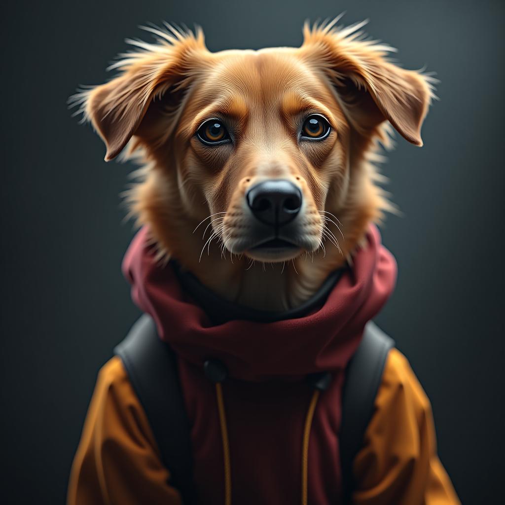  dog hyperrealistic, full body, detailed clothing, highly detailed, cinematic lighting, stunningly beautiful, intricate, sharp focus, f/1. 8, 85mm, (centered image composition), (professionally color graded), ((bright soft diffused light)), volumetric fog, trending on instagram, trending on tumblr, HDR 4K, 8K