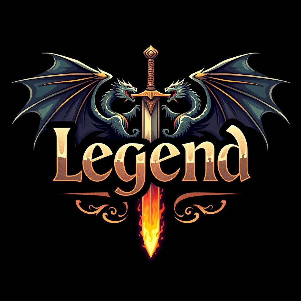  design a logo, custom sticker design on an isolated black background with the words ‘legend’ in bold font decorated by mythical dragons and a flaming sword