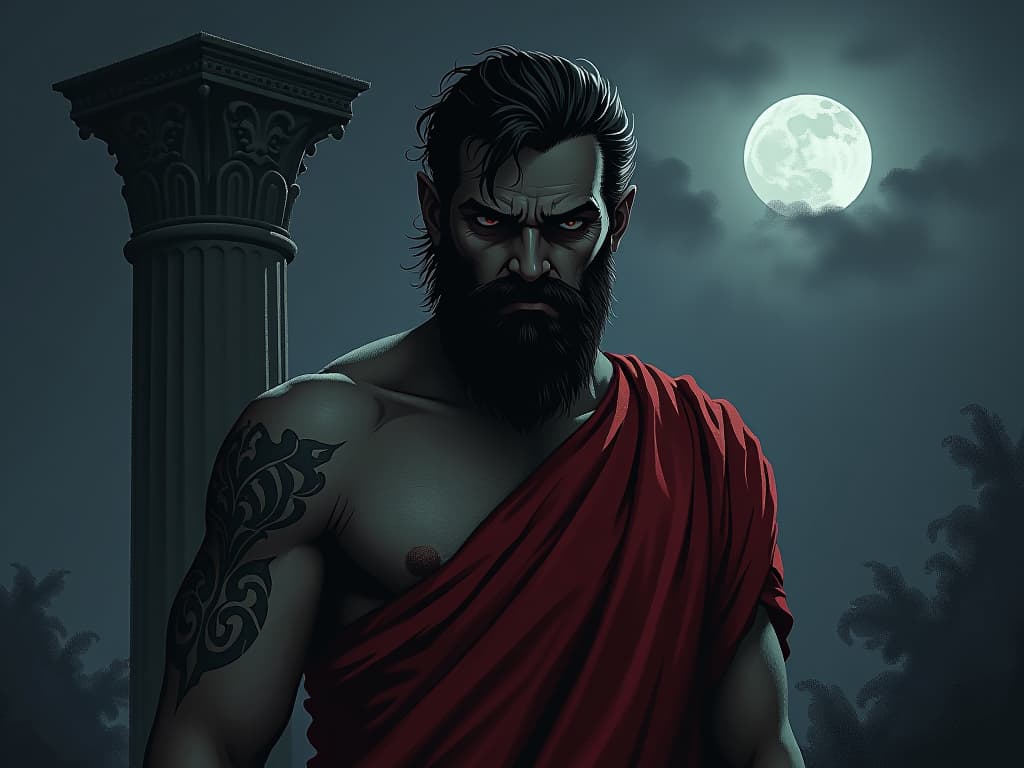  a brooding figure resembling brutus, shadowed face with a slightly guilty expression, natural setting with a roman column in the background, wearing a toga, night sky with a full moon.. the style is dark fantasy and mysterious occult, symbolic, moody lighting, esoteric vibe,high detail on character design. for the color scheme emphasize blacks and reds.