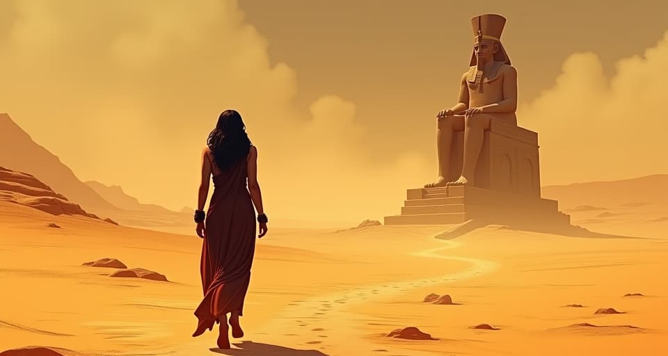  a vast desert landscape, a large busted woman in tight, billowing robes walking away from a crumbling statue of a mighty king, her silhouette growing distant, almost vanishing, mood of resolute departure. the style is digital art illustration / modern comic book / mysterious occult, symbolic, esoteric vibe,high detail on character design, incorporating ancient egyptian symbology and attire.