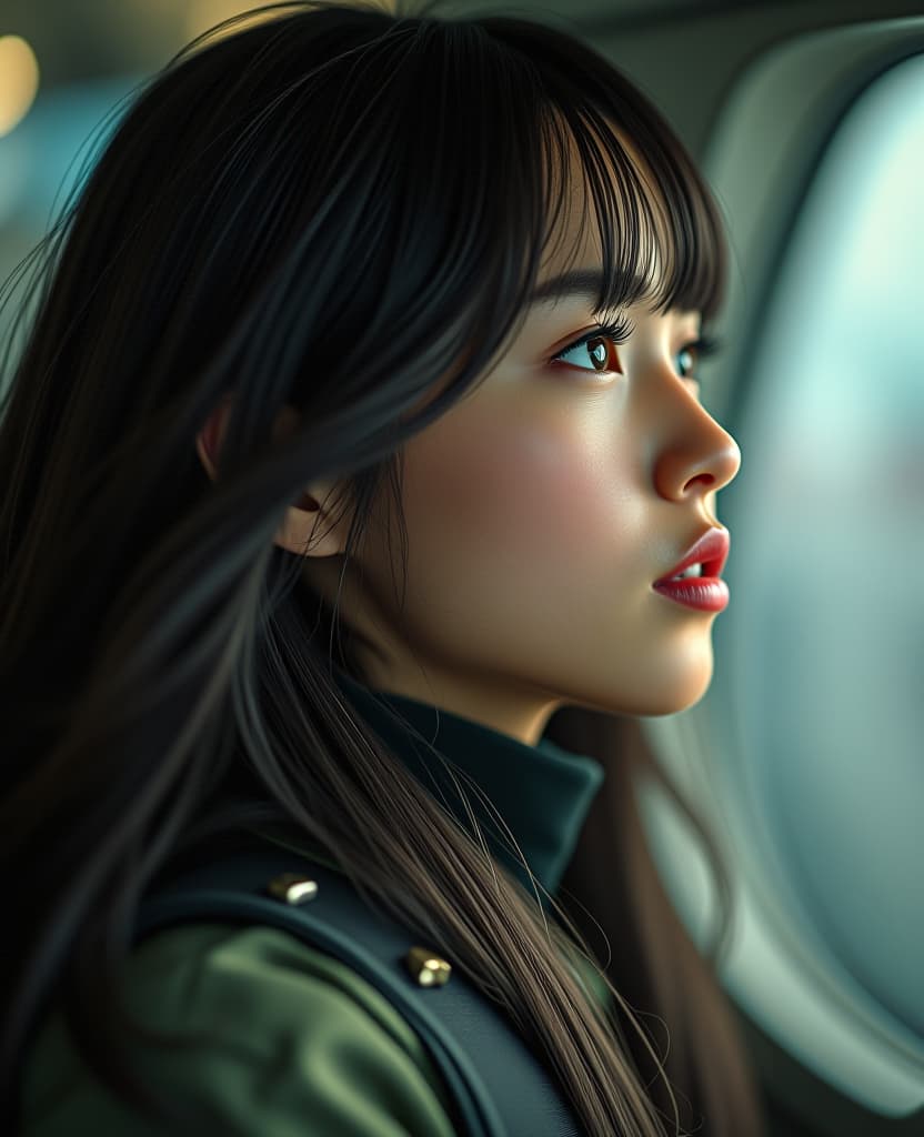  girl. (breathing) long hair. angar of combat flight equipment. hyperrealistic, full body, detailed clothing, highly detailed, cinematic lighting, stunningly beautiful, intricate, sharp focus, f/1. 8, 85mm, (centered image composition), (professionally color graded), ((bright soft diffused light)), volumetric fog, trending on instagram, trending on tumblr, HDR 4K, 8K