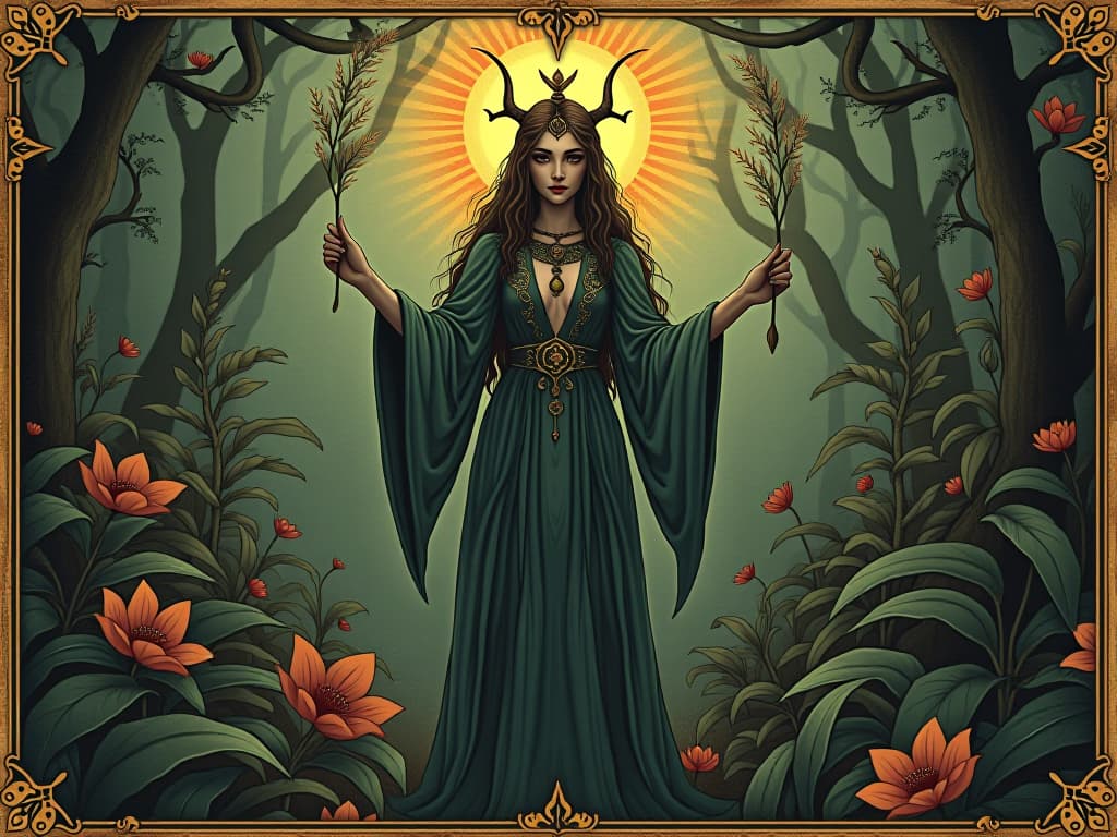  goddess ninhursag, radiant and nurturing, surrounded by sacred plants, divine light, reverent atmosphere. an illustration in the style of a worn, mystical old tarot trump card, mysterious and elements of surrealism. the colors are muted, somber and eerie, but with contrast bring out an occult and esoteric vibe.