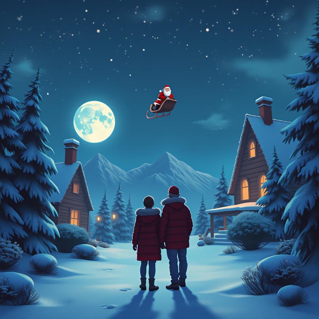  santa flying in the background under the moonlight, a couple of parents lookt from their backyard to the sky. snowy, pixar style. very cozy, drawing for children., high quality, high details, hd, perfect composition, 4k epic detailed, highly detailed, sharp focus, high resolution