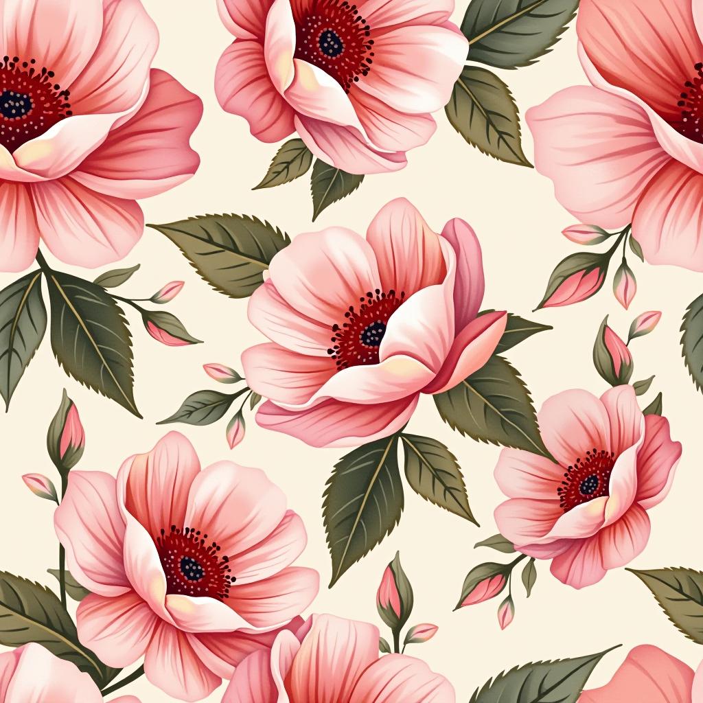  create a seamless digital design featuring a pattern of large, beautiful flowers with soft, watercolor like effects. the flowers should cover the entire surface, creating a bold, elegant, and continuous look. the overall style should be light and airy, with delicate leaves and petals to enhance the natural, floral theme. the design should be seamless to ensure it can be used in repeating patterns or wraps.