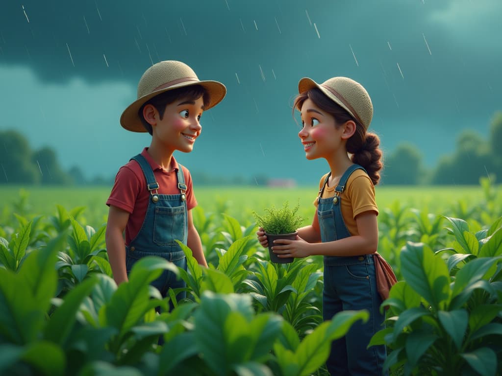  cartoon image "thunder storm rainday farmers working in the field, smiling and looking at their crops with hope in their eyes" on 3d realistic colorfull cartoon hyperrealistic, full body, detailed clothing, highly detailed, cinematic lighting, stunningly beautiful, intricate, sharp focus, f/1. 8, 85mm, (centered image composition), (professionally color graded), ((bright soft diffused light)), volumetric fog, trending on instagram, trending on tumblr, HDR 4K, 8K