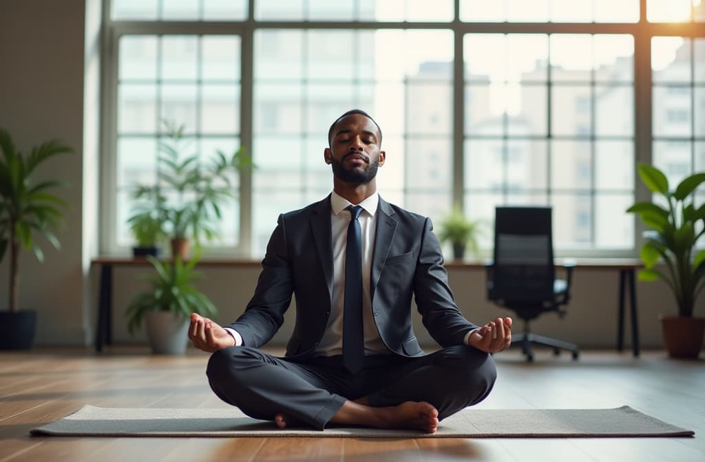  relaxed african american businessman meditating in office, practicing yoga at workplace, making breathing exercise in zen position. panorama with copy space ar 3:2 {prompt}, maximum details