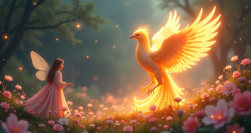  a majestic phoenix rising from a bed of luminescent flowers, casting a radiant light. ethereal fairies in flowing, magical robes hover nearby, adding a sense of ethereal wonder, portraying the ninth sign.. the style is digital art illustration,highly detailed, whimsical,magical, dreamlike atmosphere, realism and fantasy blend, smooth, glossy textures,luminous quality, wonder and enchantment.