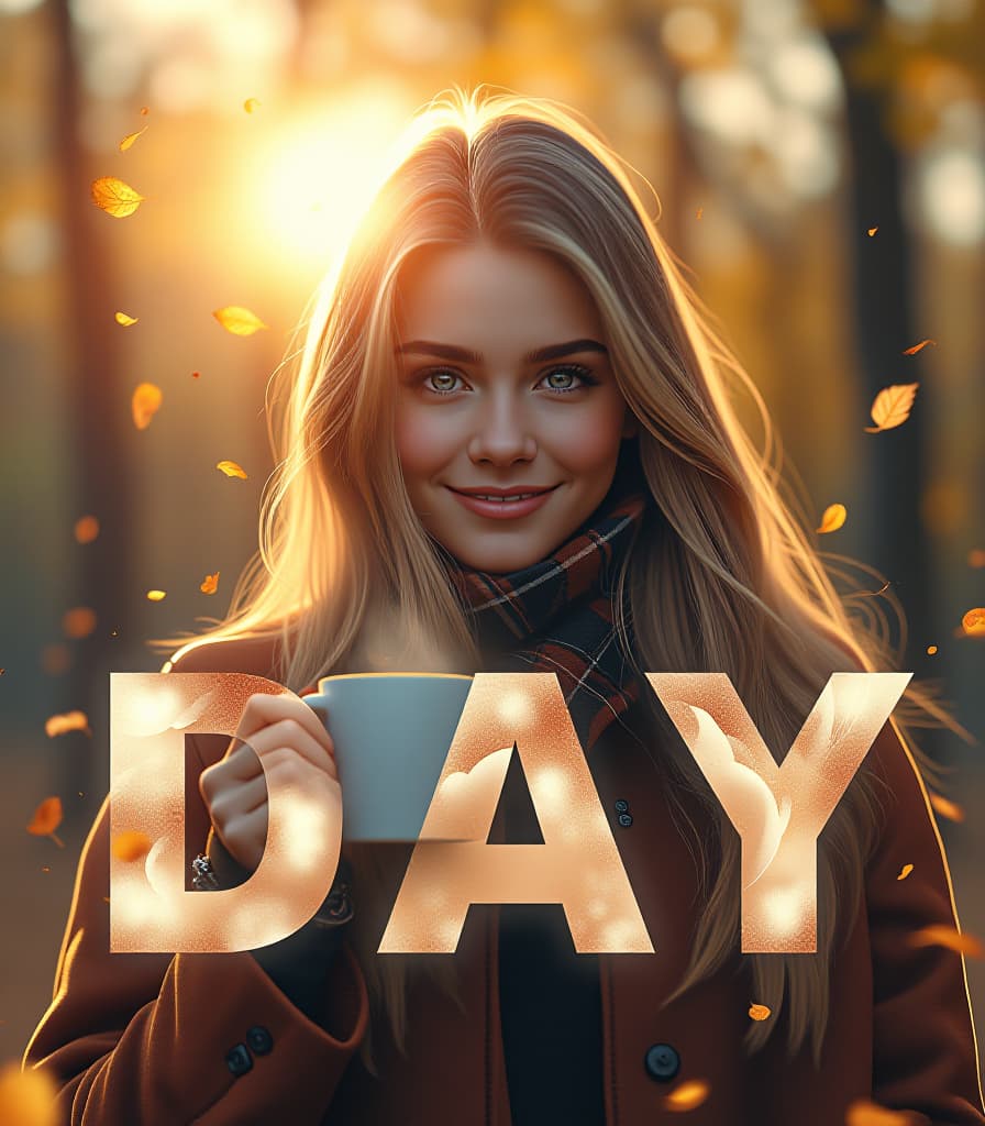  (stunning mesmerizing slavic girl:1.3) emerging gracefully from the bold text "good day" in capital letters, holding a (steaming mug of coffee:1.2) with an inviting smile. the scene features a (double exposure style:1.3) where the girl blends seamlessly into the text, with (autumnal vibes:1.2) highlighted by falling leaves in warm hues. a (floating sun:1.1) casts a soft glow, enhancing the (holographic effect:1.3) in a multi layered composition. the artwork embodies ultra realism, intricate details, and is rendered in best quality with (hdr:1.2) and (uhd:1.3) clarity, creating a true masterpiece that captivates the viewer.