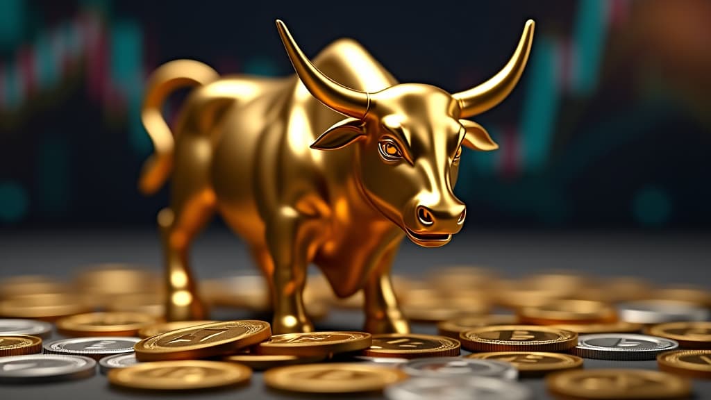  bull market in cryptocurrency: a golden bull statue stands amid scattered bitcoin and ethereum coins