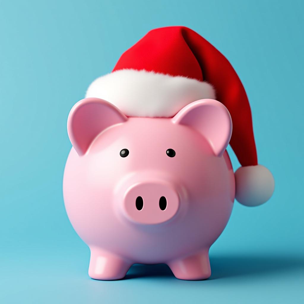  pink piggy bank with santa claus hat on a blue background saving concept for christmas,