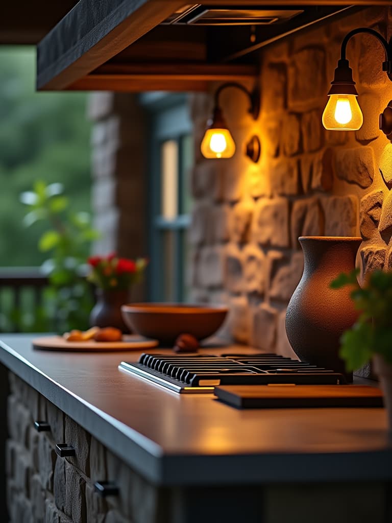  high quality portrait photo of a serene outdoor kitchen scene with soft, dimmable wall sconces mounted on a stone facade, creating a gentle wash of light over a prep area hyperrealistic, full body, detailed clothing, highly detailed, cinematic lighting, stunningly beautiful, intricate, sharp focus, f/1. 8, 85mm, (centered image composition), (professionally color graded), ((bright soft diffused light)), volumetric fog, trending on instagram, trending on tumblr, HDR 4K, 8K