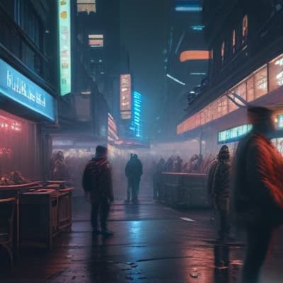 Show a bustling market in a cyberpunk city with neon lights and holograms. hyperrealistic, full body, detailed clothing, highly detailed, cinematic lighting, stunningly beautiful, intricate, sharp focus, f/1. 8, 85mm, (centered image composition), (professionally color graded), ((bright soft diffused light)), volumetric fog, trending on instagram, trending on tumblr, HDR 4K, 8K