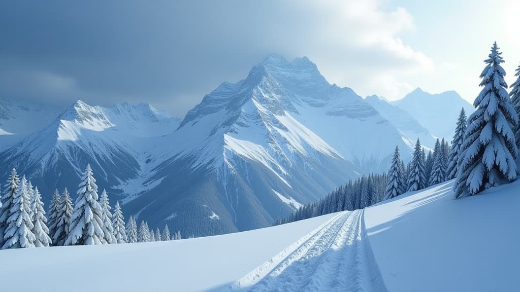  create a breathtaking image of the alpine region showcasing a dramatic snowfall scene. include a majestic mountain range with a gradually lowering snowfall limit, leading to enormous amounts of snow accumulation. highlight the contrast between the white snow covered landscape and the dark, moody sky. incorporate detailed snowflakes falling delicately in the foreground, emphasizing the impending heavy snowfall. ensure the presence of ski tracks and distant skiers for scale and context. display pr