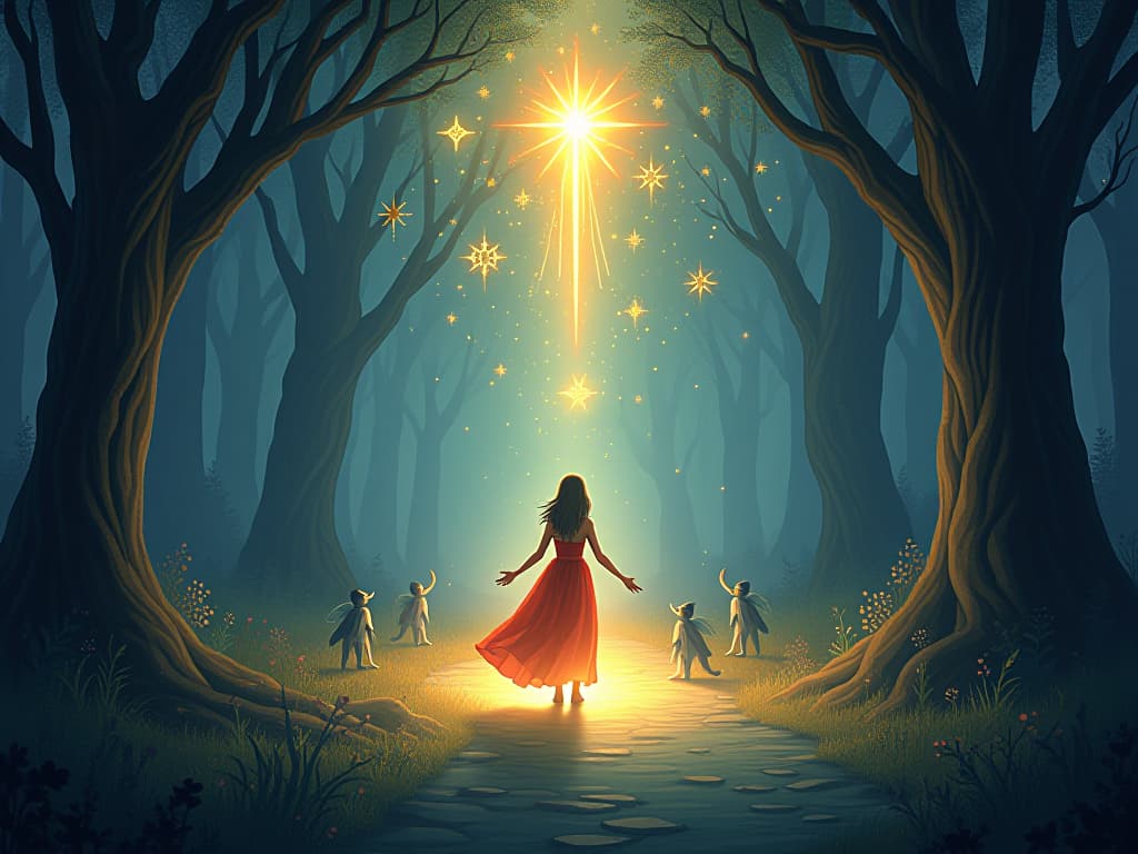  mystic setting boundaries, surrounded by divine light and ethereal symbols within an enchanted forest. mystical beings provide support.. the style is digital art illustration,highly detailed, whimsical,magical, dreamlike atmosphere, realism and fantasy blend, smooth, glossy textures,luminous quality, wonder and enchantment.