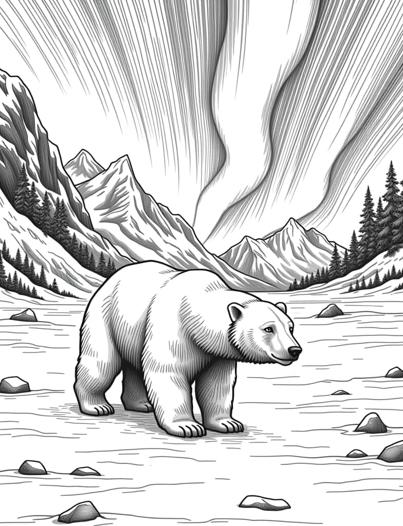  this is for an adult coloring page. a detailed black and white line art of a snowy polar bear walking across a snowy landscape under the northern lights on a solid white background.