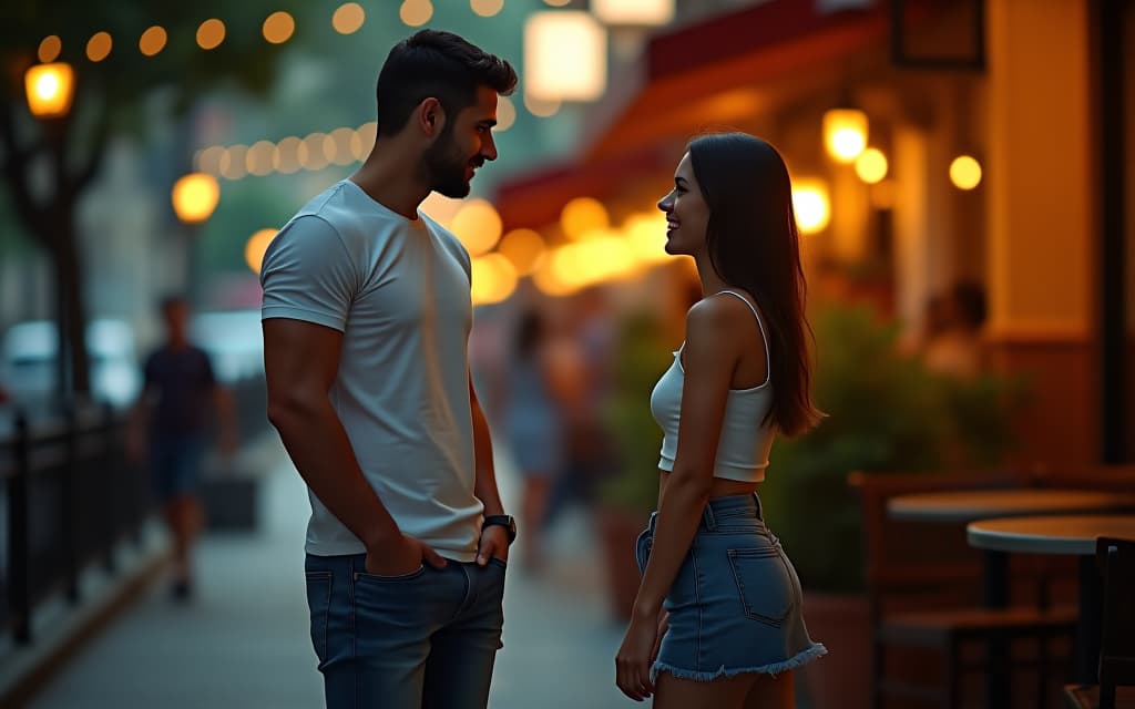  cinematic film still a full length young muscular man in a t shirt and jeans is talking to a smiling beautiful young woman in a micro skirt standing next to him near an outdoor cafe on a summer evening . shallow depth of field, vignette, highly detailed, high budget, bokeh, cinemascope, moody, epic, gorgeous, film grain, grainy