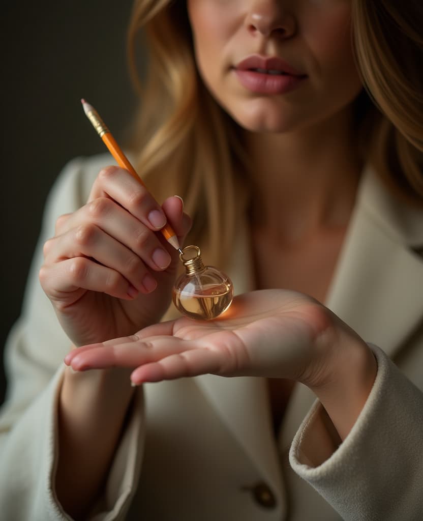  hdr photo of a woman applies a small amount of perfume to her wrist, hands, small pencil, application, close up . high dynamic range, vivid, rich details, clear shadows and highlights, realistic, intense, enhanced contrast, highly detailed