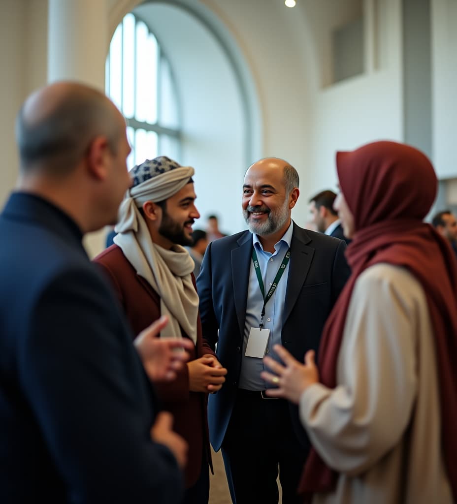  a group of professional muslim people talking to each other in a business event and asking each other questions and keeping their distance