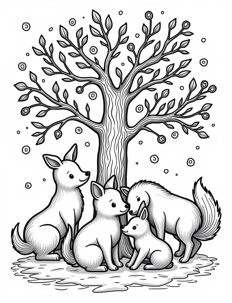  this is for an adult coloring page. a detailed black and white line art of a snowy woodland animals gathering around a tree decorated with berries on a solid white background.