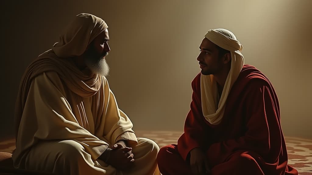  history of biblical times, a muted depiction of elisha listening quietly as naaman shares his worries, emphasizing wisdom and understanding. hyperrealistic, full body, detailed clothing, highly detailed, cinematic lighting, stunningly beautiful, intricate, sharp focus, f/1. 8, 85mm, (centered image composition), (professionally color graded), ((bright soft diffused light)), volumetric fog, trending on instagram, trending on tumblr, HDR 4K, 8K