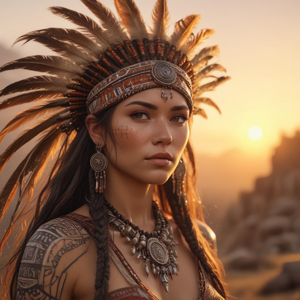 ((masterpiece)),(((best quality))), 8k, high detailed, ultra detailed, beautiful woman tribe, woman with flowing tribal hair, (ornate tribal headpiece), tribal body markings, (sunset lighting) hyperrealistic, full body, detailed clothing, highly detailed, cinematic lighting, stunningly beautiful, intricate, sharp focus, f/1. 8, 85mm, (centered image composition), (professionally color graded), ((bright soft diffused light)), volumetric fog, trending on instagram, trending on tumblr, HDR 4K, 8K