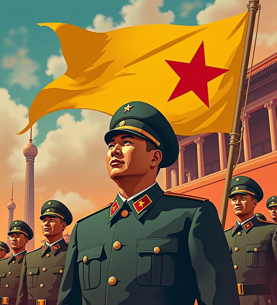  soviet china, propaganda poster, dutch city , yellow banner, red star, soviet, asian men, north korean military uniform, dutch city dutch city dutch city, high quality, high details, hd, perfect composition, 4k epic detailed, highly detailed, sharp focus, high resolution