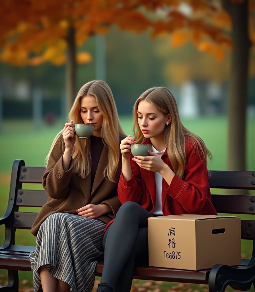  city ​​park, autumn, evening, beautiful russian blond girls are sitting on a bench in the park, drinking tea from bowls, next to the bench is chinese tea utensils, on the bench is a cardboard box with an inscription, text on box [drawing text] (with text “tea875"), hyper realistic, 4k