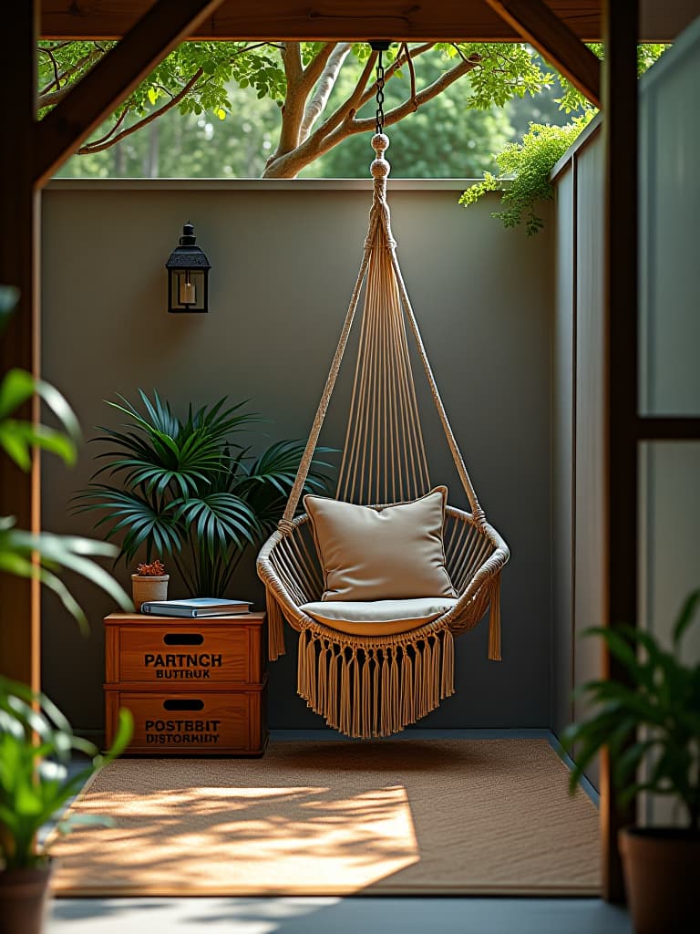  high quality portrait photo of a tranquil reading nook in a patio corner, featuring a hanging macramé chair, a stack of weatherproof crates as a side table, and a cozy outdoor rug made from repurposed materials hyperrealistic, full body, detailed clothing, highly detailed, cinematic lighting, stunningly beautiful, intricate, sharp focus, f/1. 8, 85mm, (centered image composition), (professionally color graded), ((bright soft diffused light)), volumetric fog, trending on instagram, trending on tumblr, HDR 4K, 8K