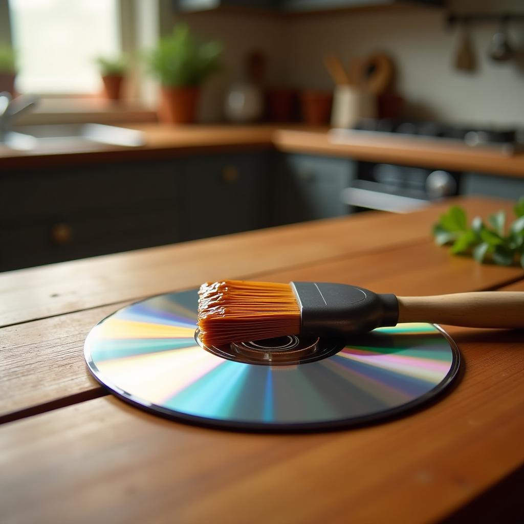  a dvd resting on a wooden kitchen countertop, next to an elegantly designed basting brush. the scene captures the essence of cooking and entertainment, showcasing the basting brush's bristles glistening with savory marinade. surrounding the objects, a negative space draws attention to the glossy surface of the dvd, reflecting soft light, while the background features a blurred, bustling kitchen. the point of view is slightly tilted, emphasizing the interaction between the culinary tools and the digital media, creating a harmonious blend of texture, light, and form.