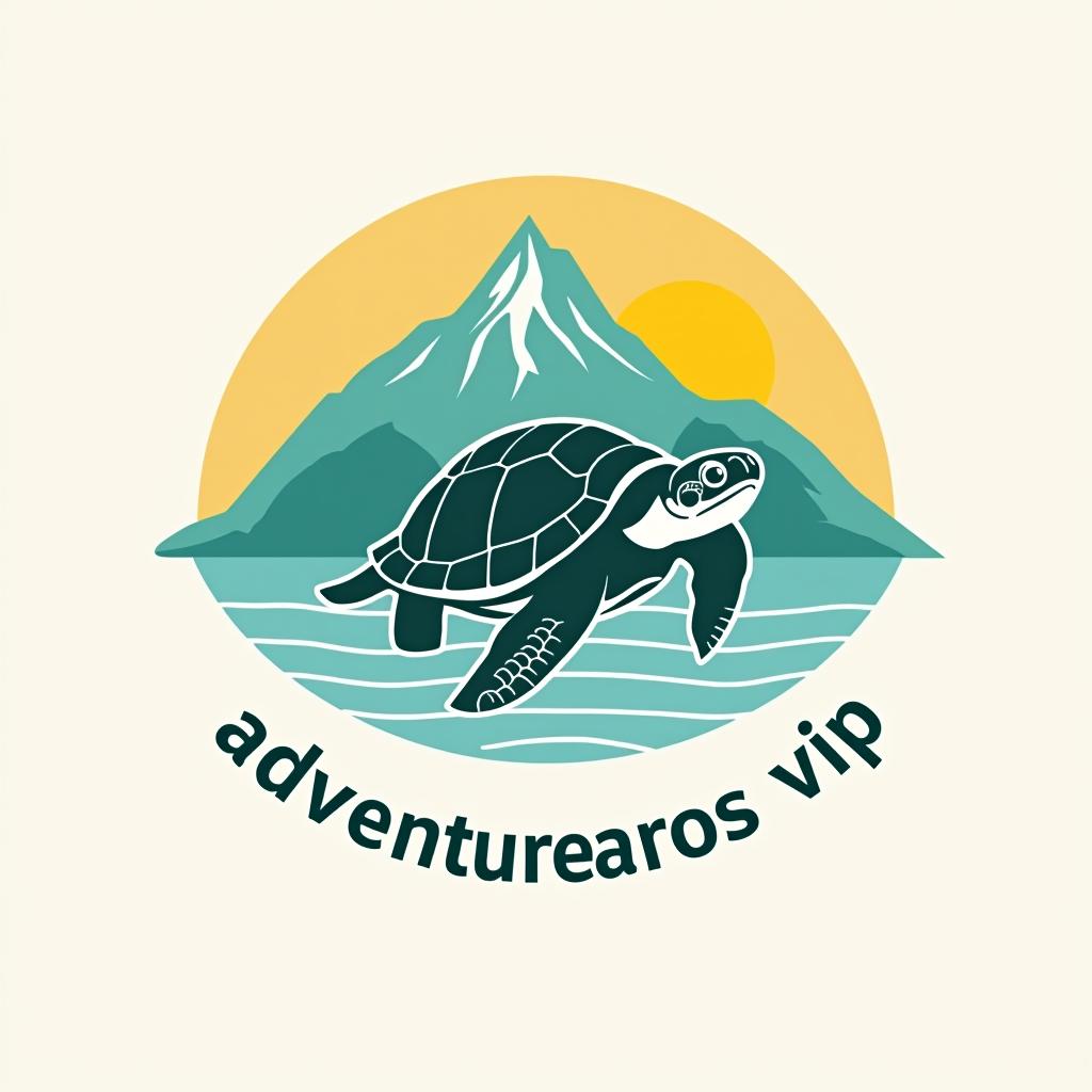  design a logo, haz un logo para viajes y full days que predomine una tortuga feliz, mar, montaña y sol, que tengan los colores turquesa, blanco , with the text 'aventureros vip'.