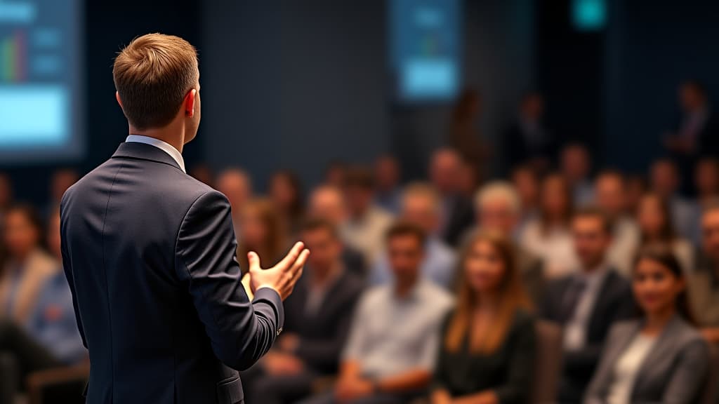  a confident speaker presents in front of a captivated audience at a professional event, emphasizing communication and engagement.