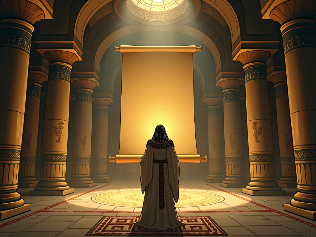  ancient temple interior, filled with sacred symbols, light softly illuminating a large scroll, symbolizing the creation of a life reflecting true essence. the style is digital art illustration / modern comic book / mysterious occult, symbolic, esoteric vibe,high detail on character design, incorporating ancient egyptian symbology and attire.