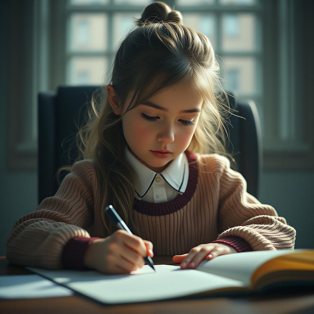  a silly girl forges a signature on documents. hyperrealistic, full body, detailed clothing, highly detailed, cinematic lighting, stunningly beautiful, intricate, sharp focus, f/1. 8, 85mm, (centered image composition), (professionally color graded), ((bright soft diffused light)), volumetric fog, trending on instagram, trending on tumblr, HDR 4K, 8K