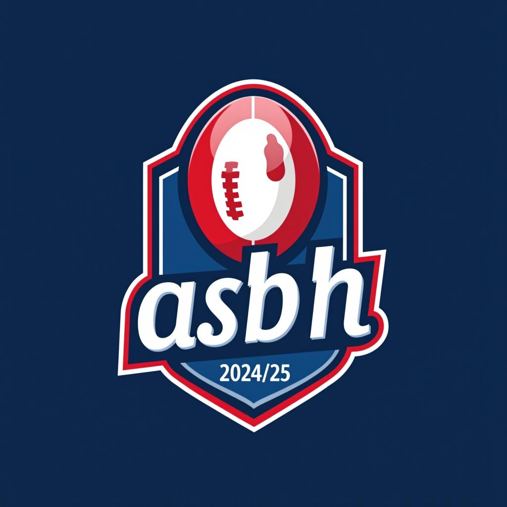  design a logo, créer un logo rouge et bleu du club de rugby de beziers il doit faire apparaître un ballon de rugby + le nom du club asbh 2024/25 + le slogan aqui es besiers , with the text 'asbh'.