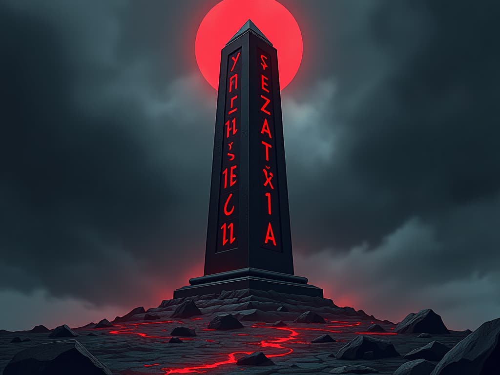  obelisk carved with red runes, standing firm in storm, images of unyielding commitment. the style is digital art illustration / modern comic book / graphic dark novel fantasy and mysterious occult, symbolic, moody lighting, esoteric vibe,high detail on character design. for the color scheme emphasize blacks and reds.