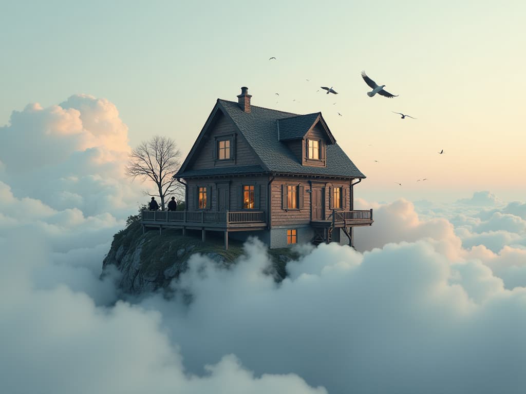  a house on a cloud , birds, people hyperrealistic, full body, detailed clothing, highly detailed, cinematic lighting, stunningly beautiful, intricate, sharp focus, f/1. 8, 85mm, (centered image composition), (professionally color graded), ((bright soft diffused light)), volumetric fog, trending on instagram, trending on tumblr, HDR 4K, 8K