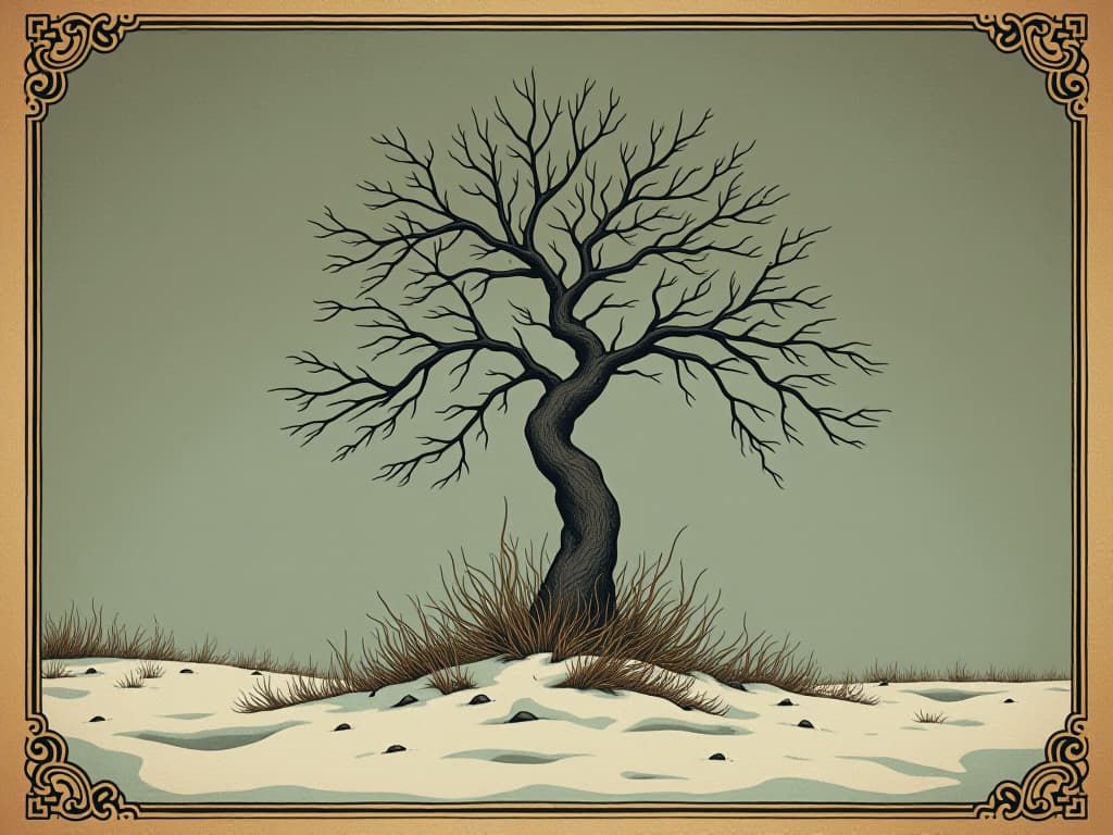  arctic willow, close to the ground, surrounded by biting winds, sparse snow, cold environment, resilience, minimalism. an illustration in the style of a worn, mystical old tarot trump card, mysterious and elements of surrealism. the colors are muted, somber and eerie, but with contrast bring out an occult and esoteric vibe.