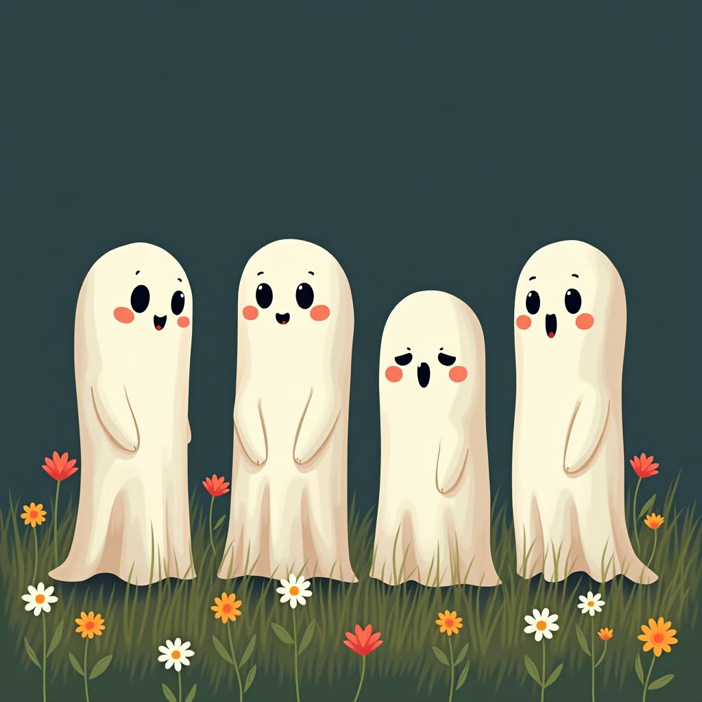  create a digital illustration featuring a row of four or five cute, cartoonish ghost characters, each with a different appearance, standing in different positions within sparse, life like wildflowers.