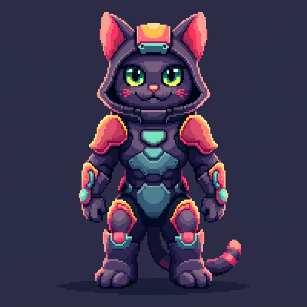  64x64 pixel art of a cat in futuristic rainbow techwear armour