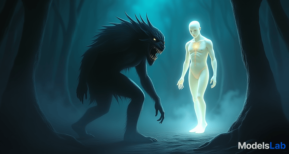  predator like figure shrinking back in sudden fear, eyes wide with shock, oppressive dark surroundings, a stark contrast to the illuminated figure, an immediate shift in power dynamics, ethereal aura surrounding the protagonist.. the style is digital art illustration,highly detailed, whimsical,magical, dreamlike atmosphere, realism and fantasy blend, smooth, glossy textures,luminous quality, wonder and enchantment.