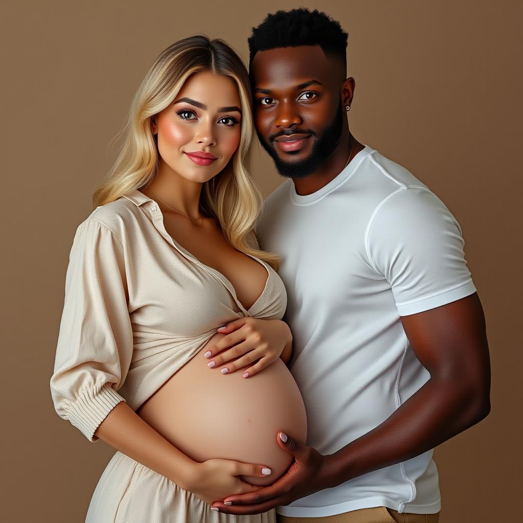  make an image of a blonde woman that is pregnant with fair skin and brown eyes with the dad who is a light skinned rasta