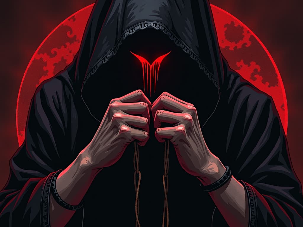  hands gripping objects tightly, dark surroundings, whispers of torment, feeling of reluctant attachment. the style is digital art illustration / modern comic book / graphic dark novel fantasy and mysterious occult, symbolic, moody lighting, esoteric vibe,high detail on character design. for the color scheme emphasize blacks and reds.